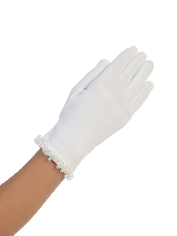 Girls White Matte Satin Beaded Accent Communion Flower Girl Gloves 0-14 - SophiasStyle.com